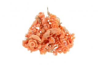 Appraisal: Hand Carved Coral Pendant with Birds Flowers Modern hand carved