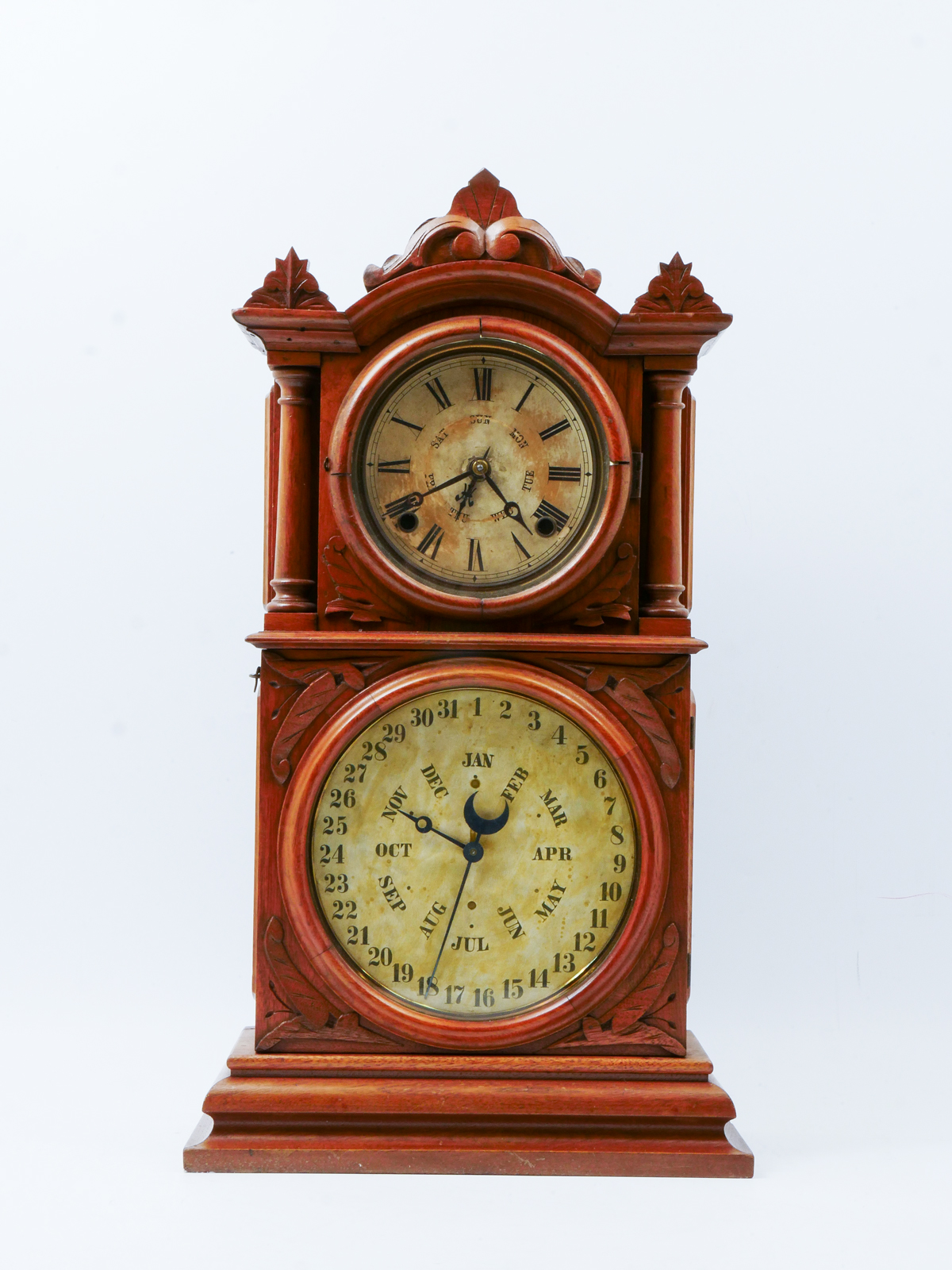 Appraisal: CARVED MANTLE CALENDAR CLOCK BB Lewis Ingraham mantle shelf clock