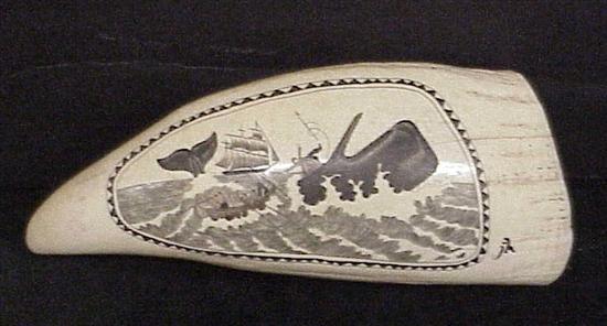 Appraisal: Scrimshaw whale's tooth depicting whaling scene artist signed JH ''