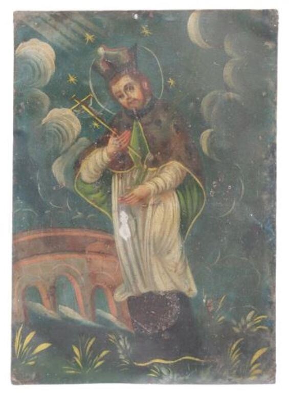 Appraisal: Unframed oil on tin retablo San Juan Nepomuceno Saint John