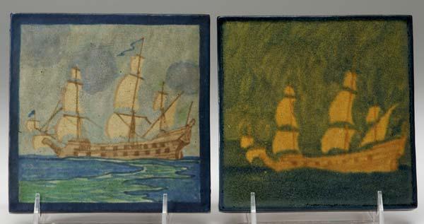 Appraisal: MARBLEHEAD Two tiles both painted with ships at sea From