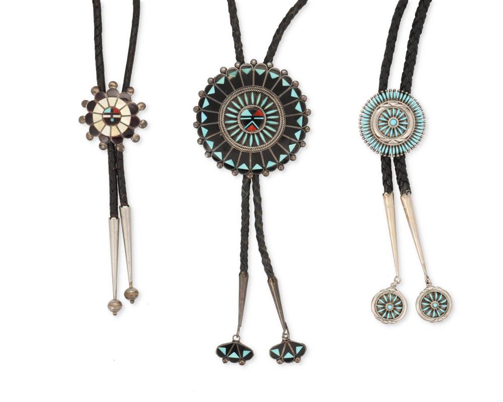 Appraisal: Three Zuni silver and turquoise bolo ties Three works A