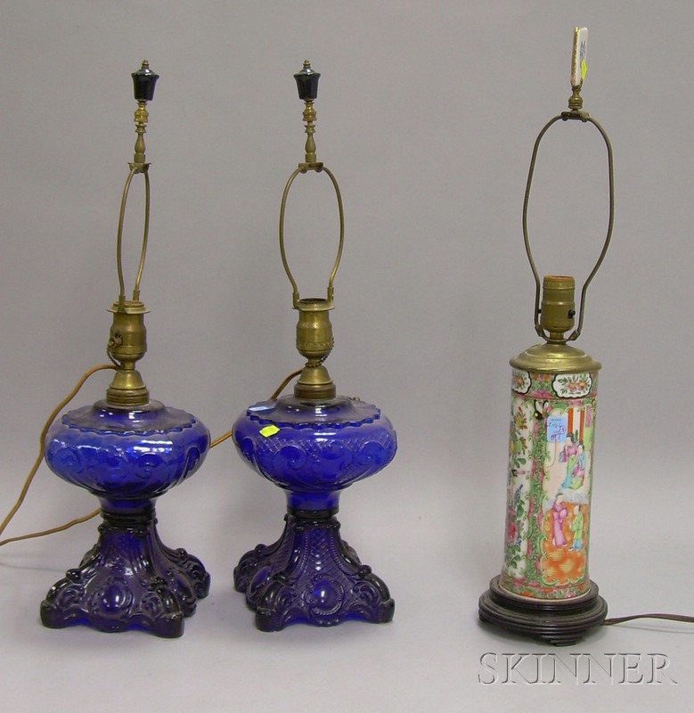 Appraisal: Pair of Victorian Cobalt Pressed Glass Kerosene Table Lamps and