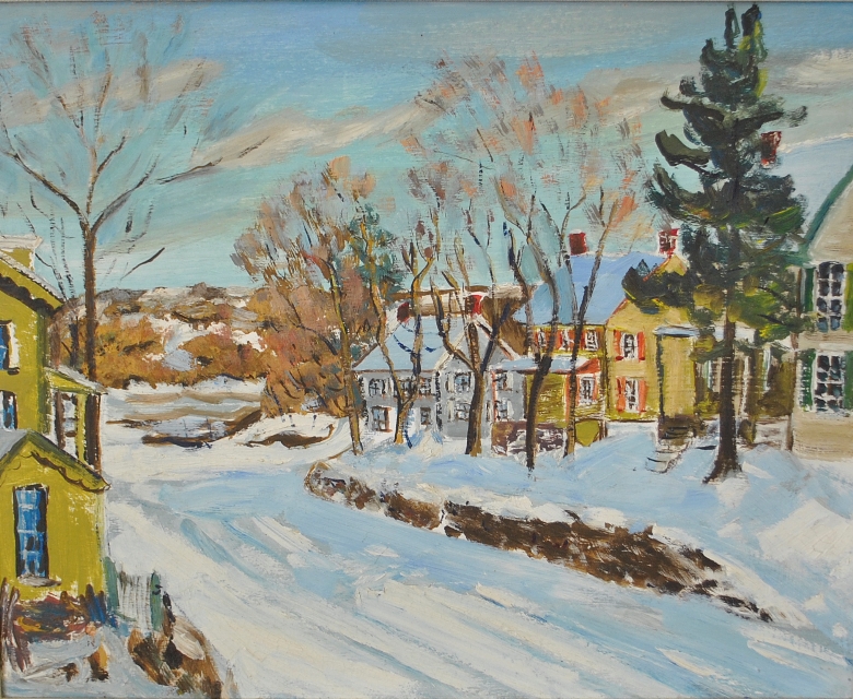 Appraisal: - Oil on artist board painting of a village snow