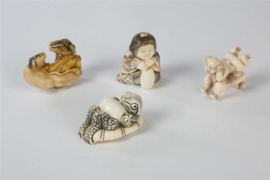 Appraisal: FOUR IVORY CARVINGS Japanese th century Two carvings of frogs