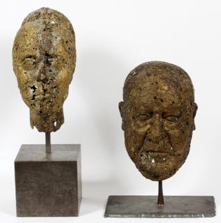 Appraisal: METAL MALE FEMALE HEAD SCULPTURES PAIR METAL MALE FEMALE HEAD