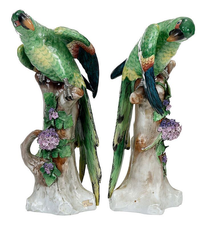 Appraisal: Pair Sitzendorf Hand Painted Porcelain Parrots German early th century