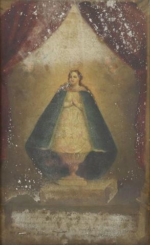 Appraisal: Framed oil on tin ex-voto retablo La Soledad Our Lady