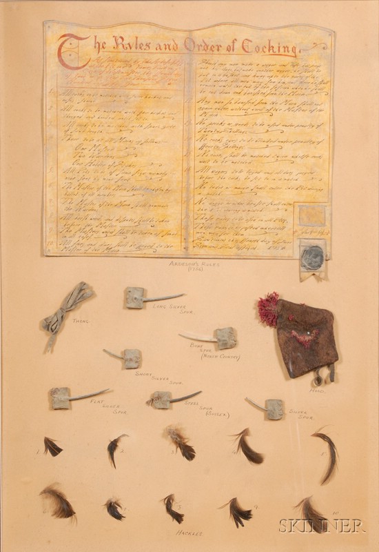 Appraisal: Interesting Framed Group of Cockfighting Material comprising a manuscript panel