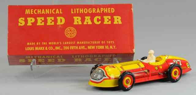 Appraisal: MARX SPEED RACER WITH BOX Lithographed tin seated plastic driver