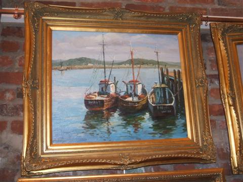 Appraisal: THREE FISHING BOATS IN THE HARBOR Oil on canvas x