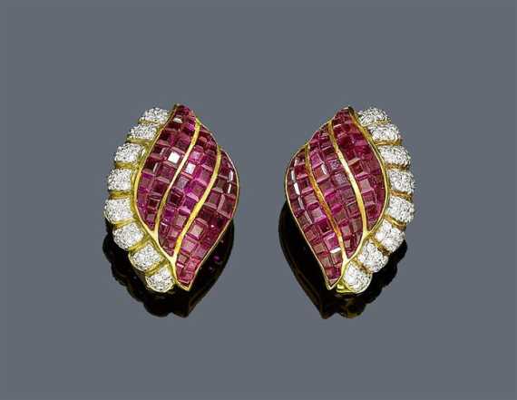 Appraisal: RUBY AND DIAMOND EAR CLIPS Yellow gold Decorative elegant ear