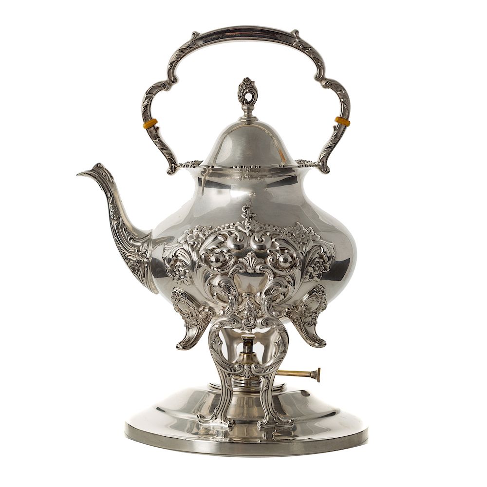 Appraisal: Poole Repousse Sterling Hot Water Kettle and Stand In the