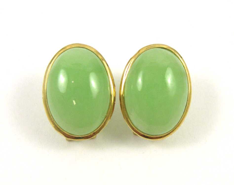 Appraisal: PAIR OF JADE AND FOURTEEN KARAT GOLD EARRINGS each with