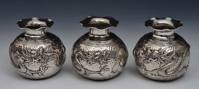 Appraisal: A SET OF THREE CHINESE SILVER SMALL OVOID VASES each