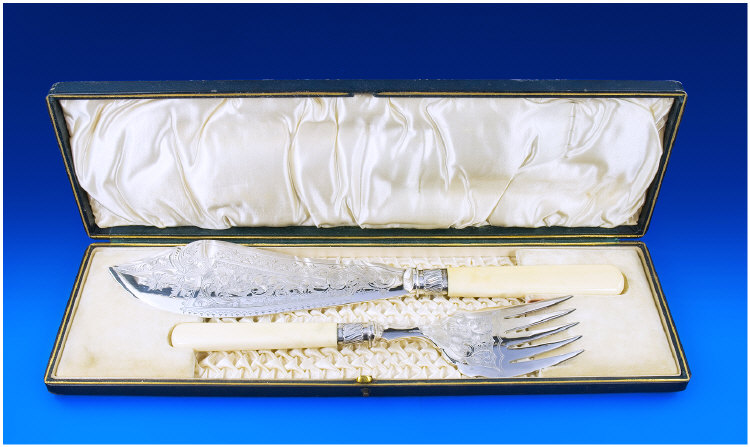 Appraisal: Victorian Silver Banded and Bone Fish Server and Fork With