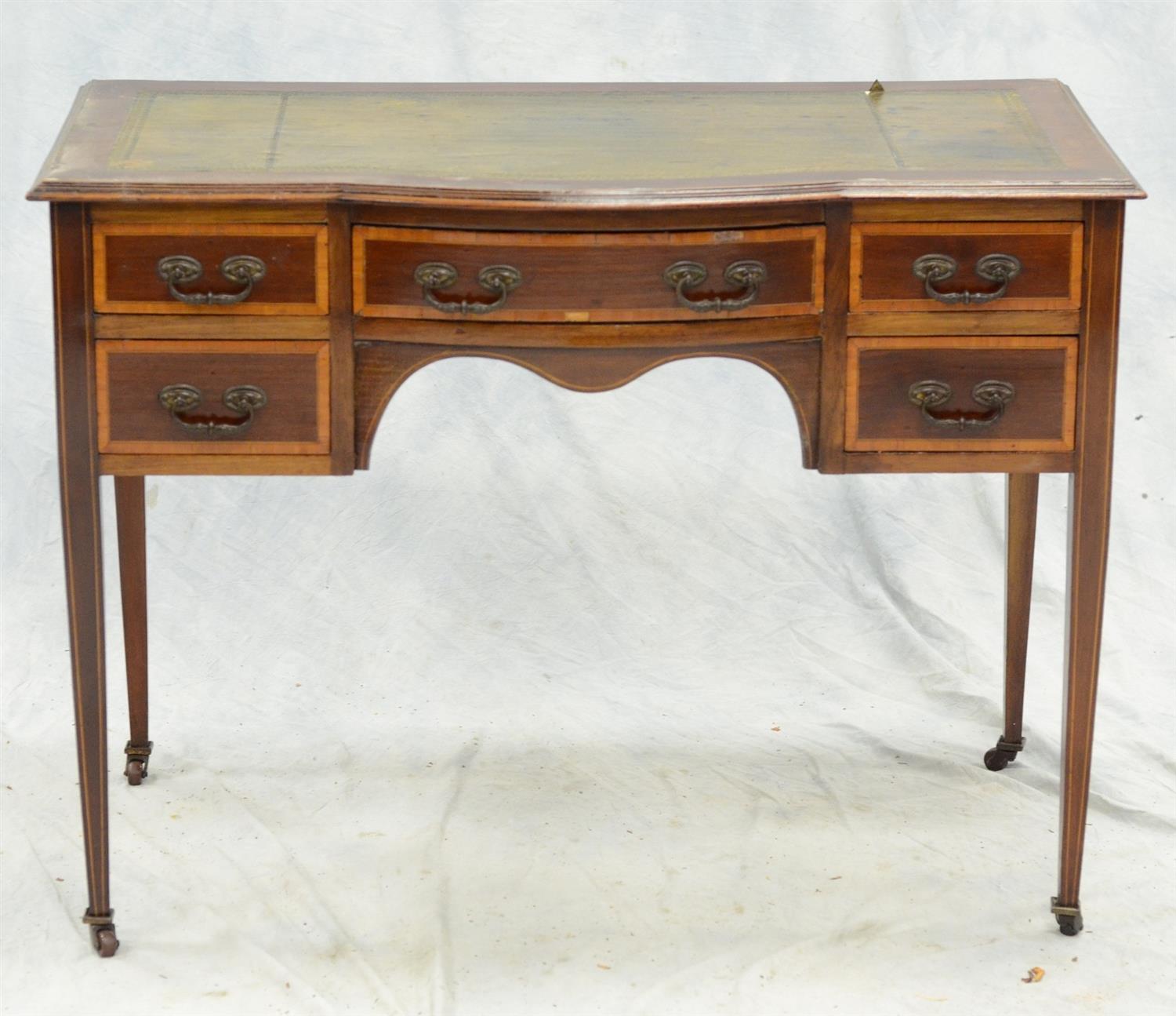 Appraisal: Edwardian mahogany leather top inlaid ladies dressing table some veneer