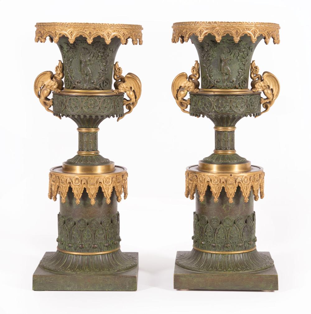 Appraisal: Pair of Louis Philippe Gilt and Patinated Bronze Urns early