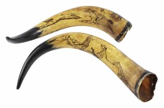 Appraisal: A PAIR OF BULLOCK HORNS WITH INCISED AND INKED DECORATION