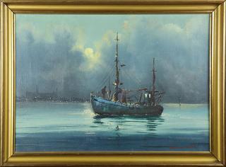 Appraisal: Painting Fishing Boat Under the Moonlight American School th century