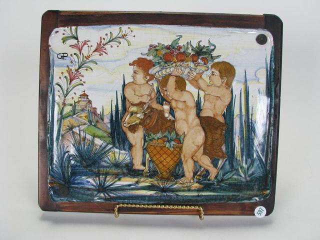 Appraisal: Italian Deruta porcelain plaque depicting three children and a goat