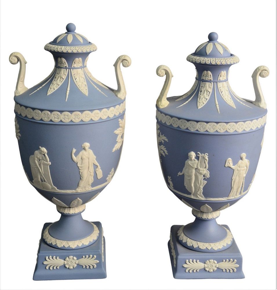 Appraisal: Pair of Wedgwood Jasperware Urns with Covers light blue ground