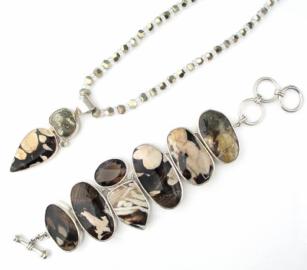 Appraisal: Fossil Peanutwood Bracelet and Necklace A straight-line bracelet comprising six