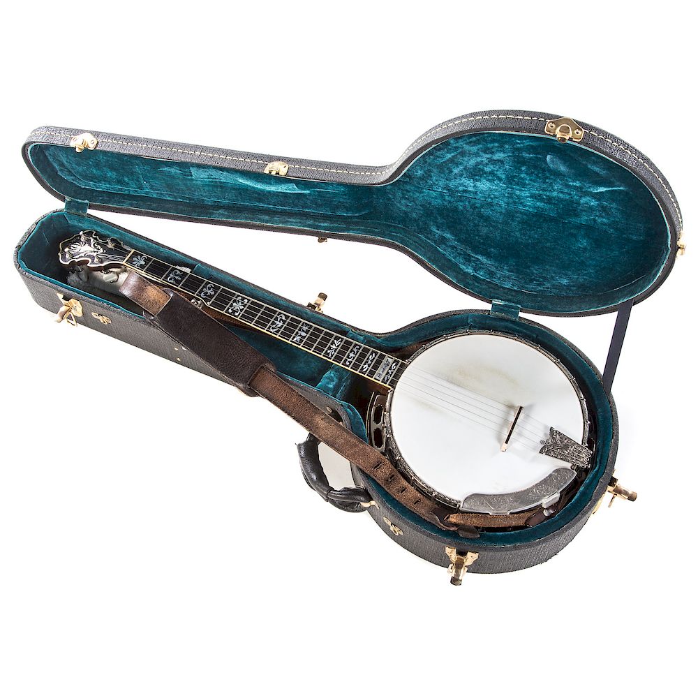 Appraisal: Sullivan Radcliffe Burl Walnut String Banjo mother-of-pearl inlay engraved silver