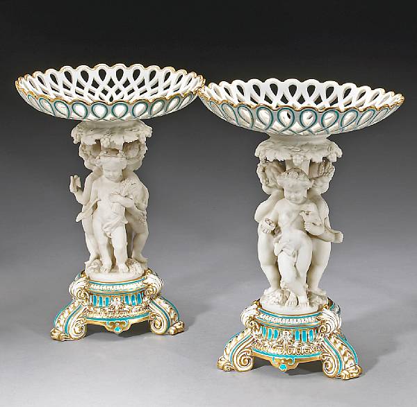 Appraisal: A pair of English porcelain and parian reticulated turquoise ground