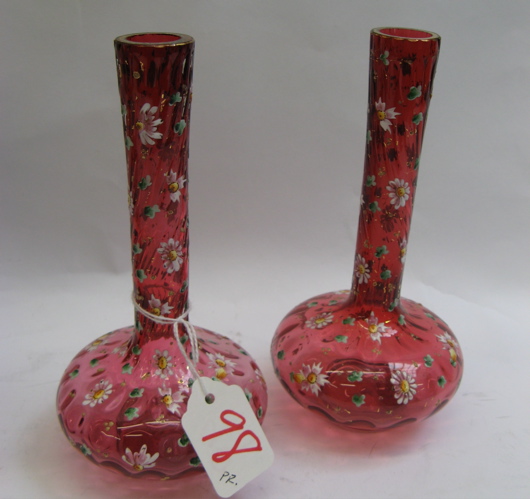 Appraisal: PAIR MOSER GLASSWORKS CRANBERRY ENAMELED VASES heavy enameled flower and