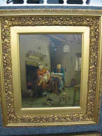 Appraisal: Dutch Oil Painting interior scene with family by the fireplace