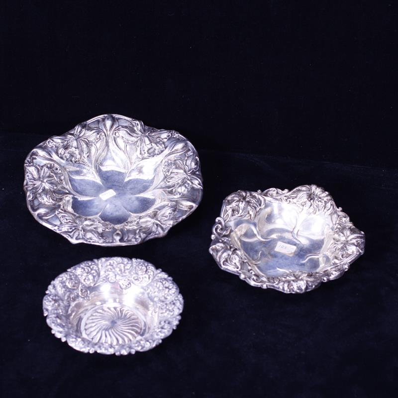 Appraisal: Three sterling silver Art Nouveau floral repousse bowls candy nut