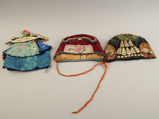 Appraisal: Three Asian Embroidered Hats two with floral embroidery on silk