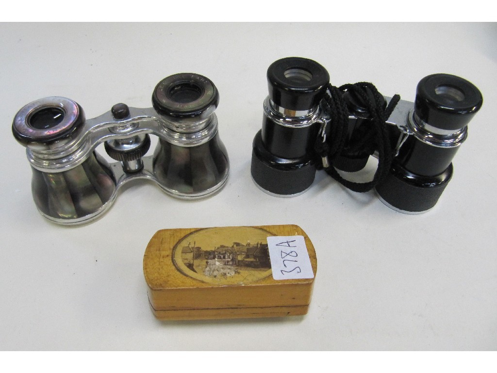 Appraisal: Two pairs of opera glasses and a Mauchline box