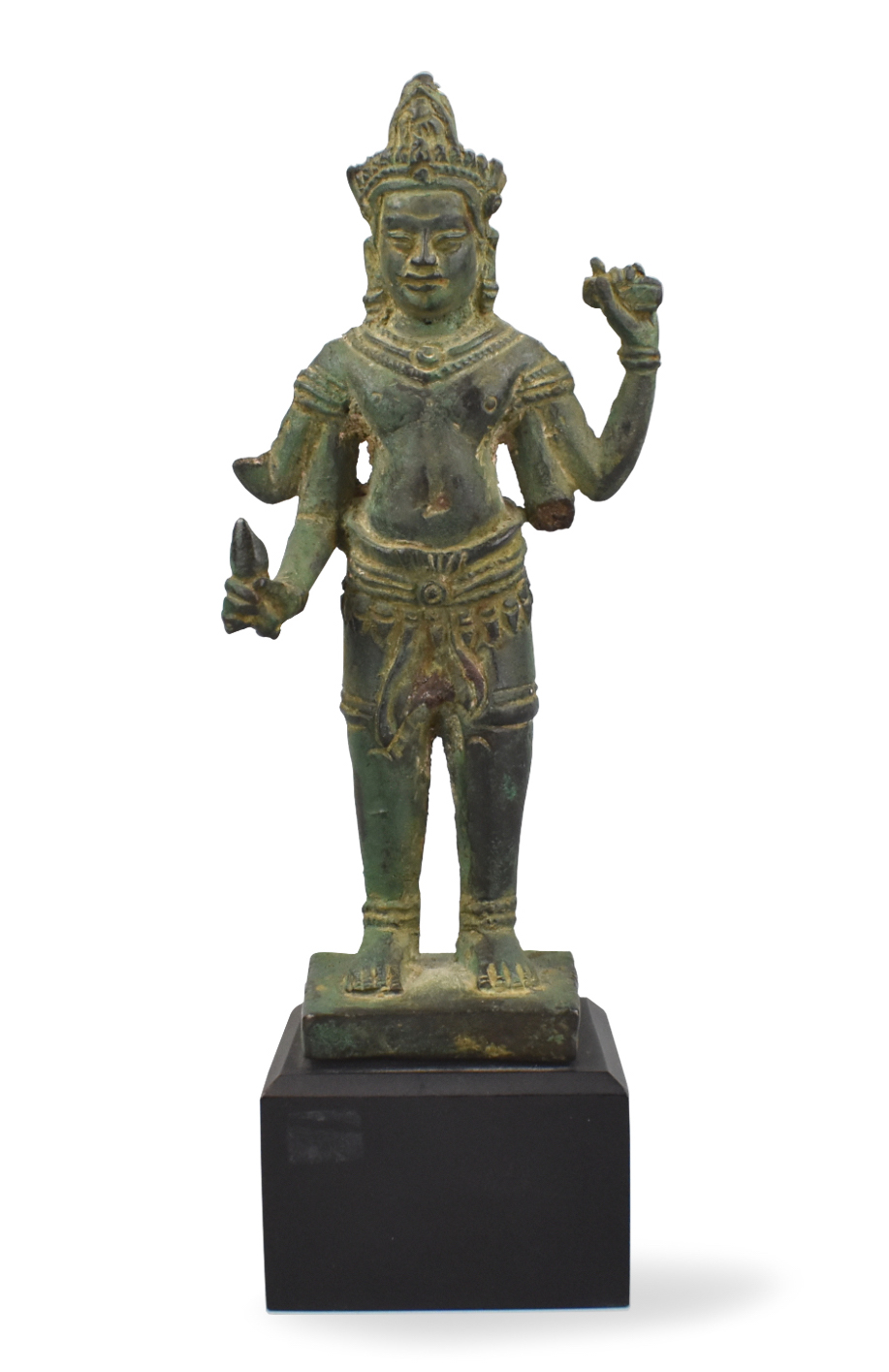 Appraisal: Cambodian standing bronze buddha on a wooden pedestal Originally four