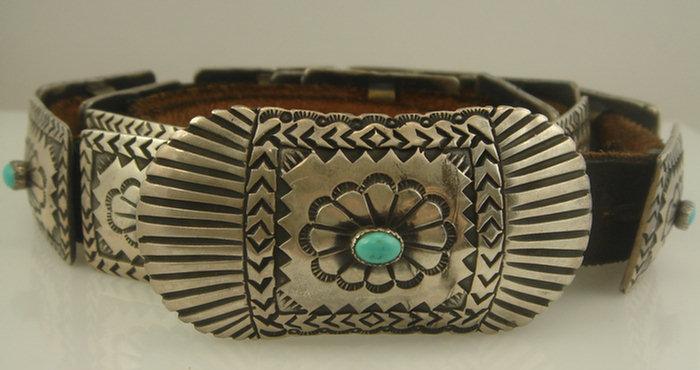 Appraisal: Mexican silver and turquoise mounted leather belt signed D J