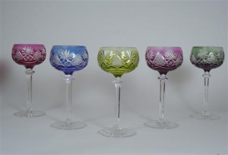 Appraisal: A group of French polychrome overlay glass wine glasses By