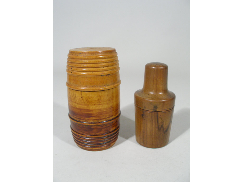 Appraisal: Two Treenware Lidded Boxes th c one barrel shaped w