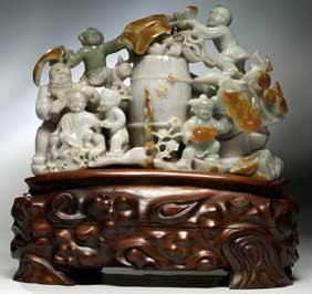 Appraisal: LARGE CHINESE JADEITE GROUP Large Chinese carved jadeite group of