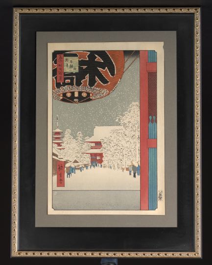 Appraisal: Dramatic Framed Japanese Woodblock Print th century depicting a snowy