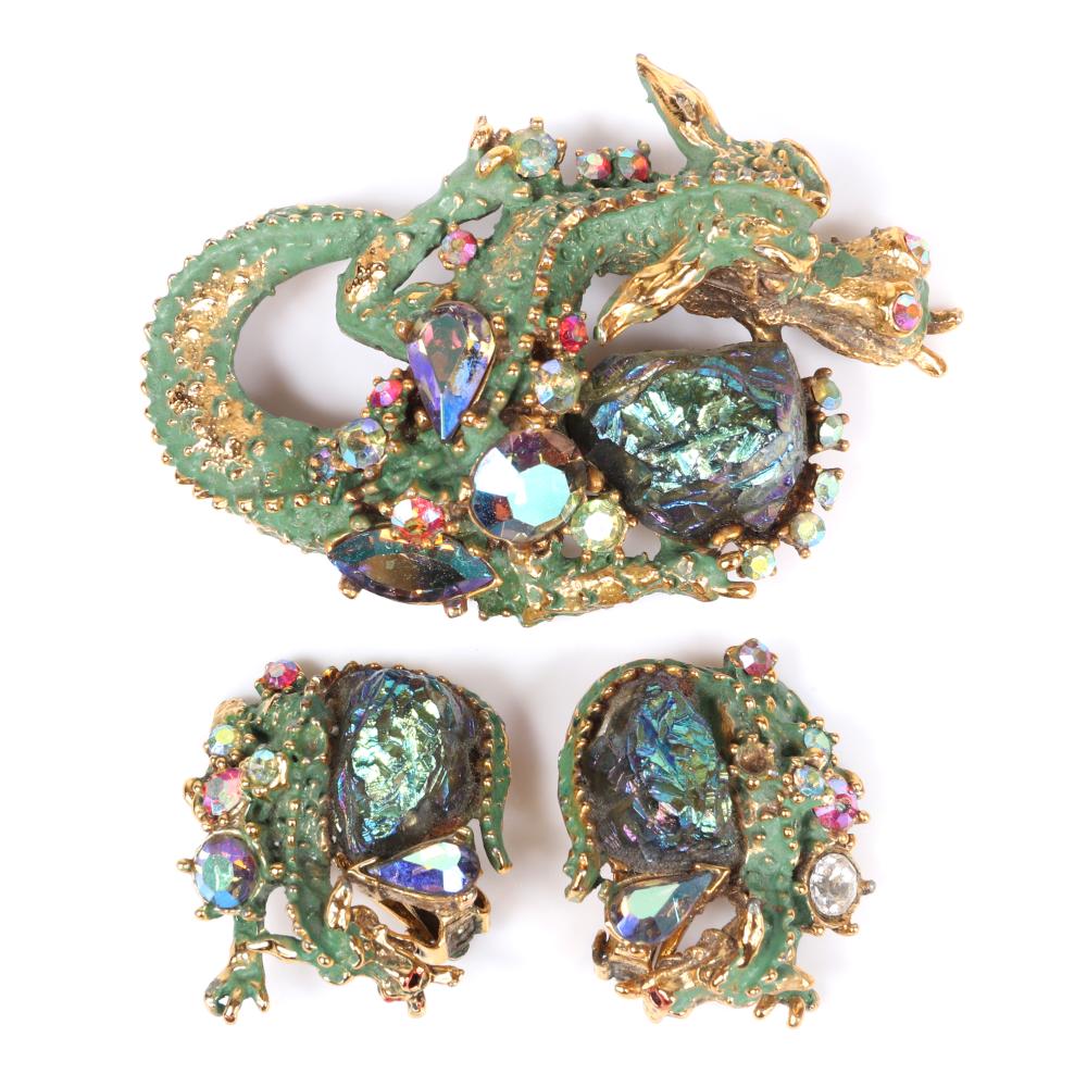 Appraisal: HAR DIMENSIONAL DRAGON FIGURAL PC PIN BROOCH AND EARRINGS SET