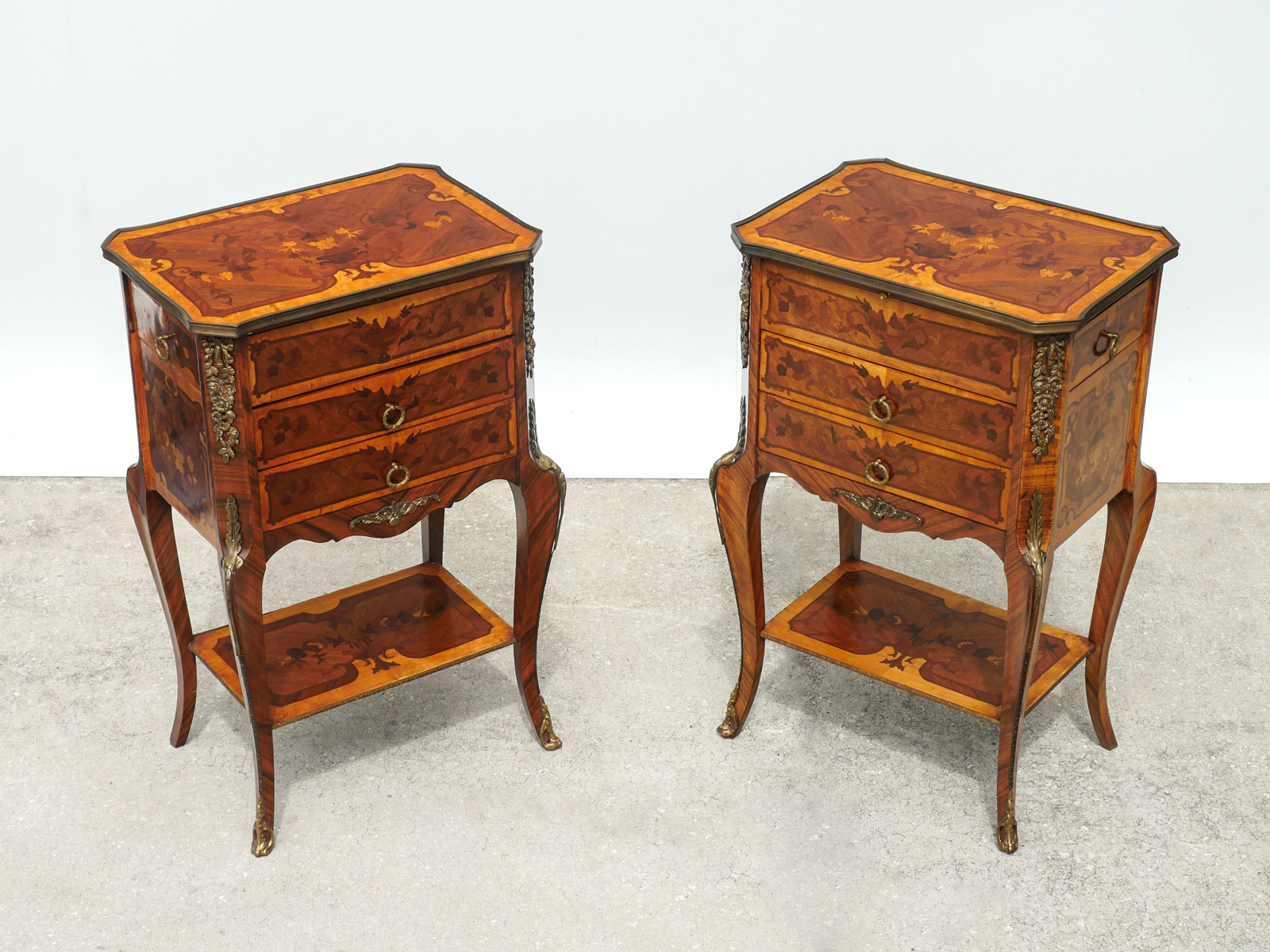 Appraisal: PR OF ANTIQUE LOUIS XVI STYLE NIGHTSTANDS marquetry inlaid nightstands