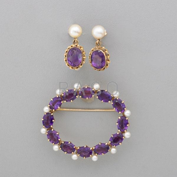 Appraisal: AMETHYST AND PEARL K GOLD BROOCH AND EARRINGS Condition Report