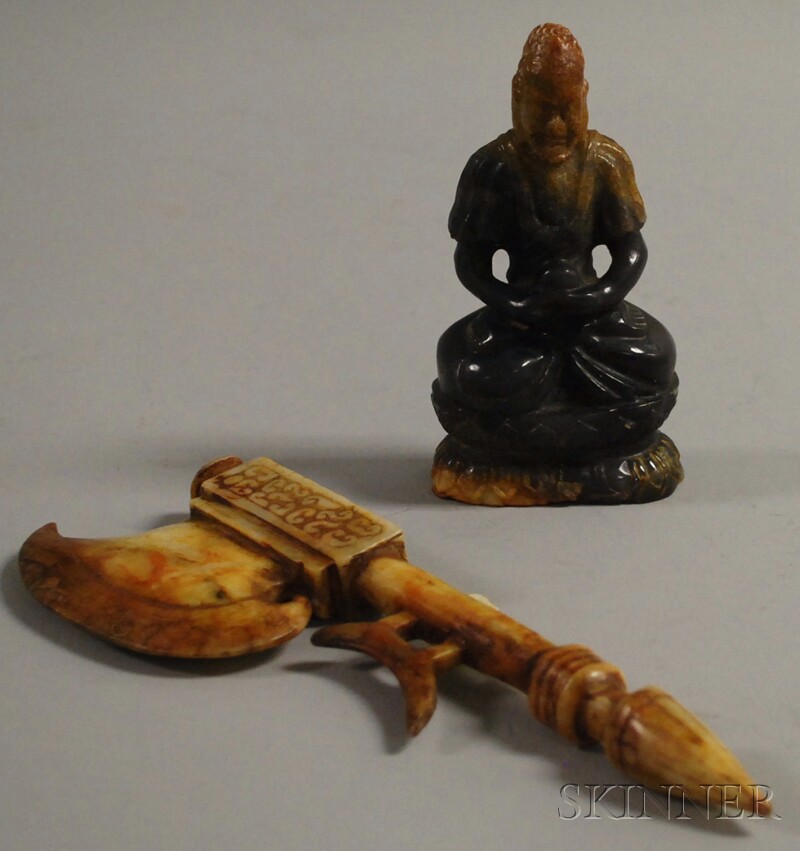 Appraisal: Two Asian Carved Stone Items a deity seated cross-legged and