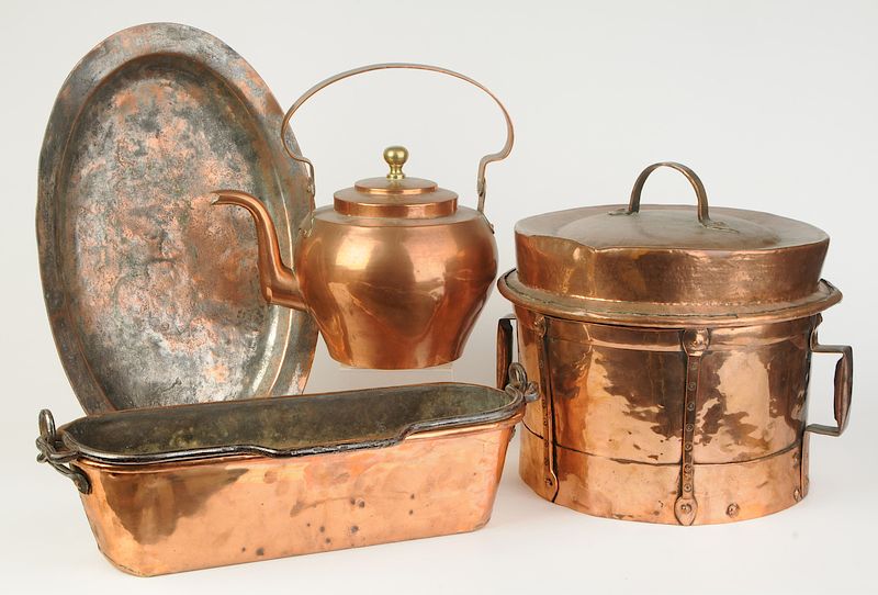 Appraisal: Four Pieces French Copper late th th century kettle with