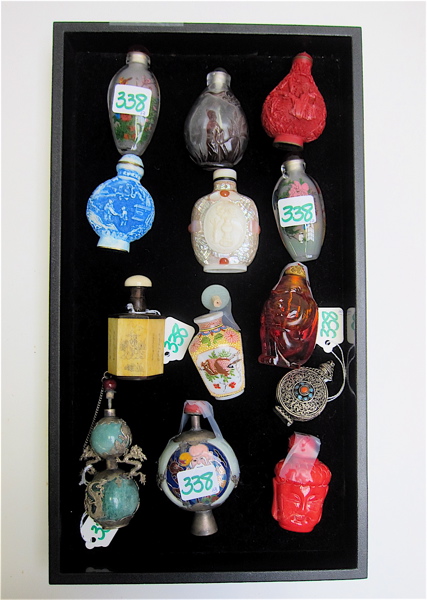 Appraisal: THIRTEEN ORIENTAL SNUFF BOTTLES made of metal glass shell bone