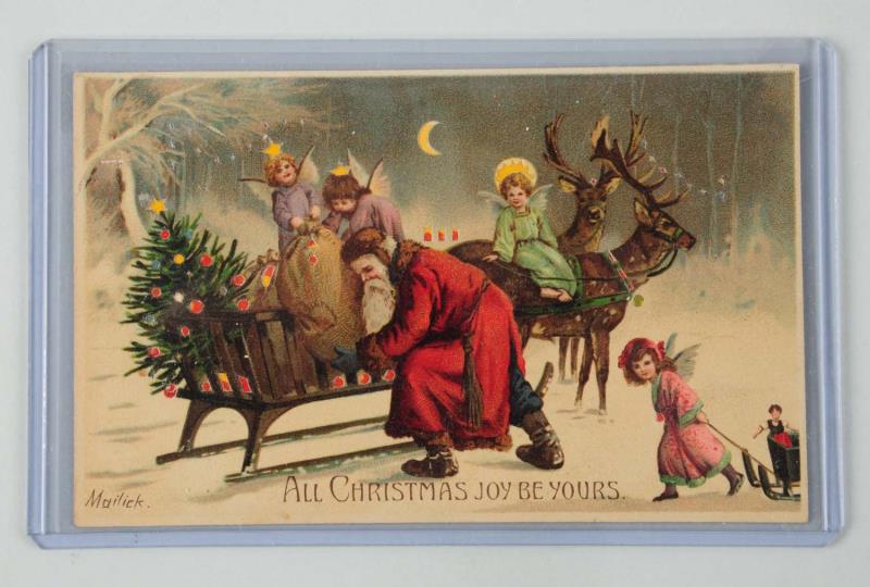 Appraisal: Hold-to-Light Santa Postcard Mailick artist signed - horizontal postcard depicting