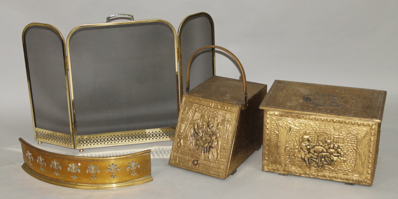 Appraisal: Various brassware comprising a coal box with hinged front door