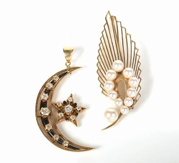 Appraisal: An old mine-cut diamond onyx and gold crescent pendant with