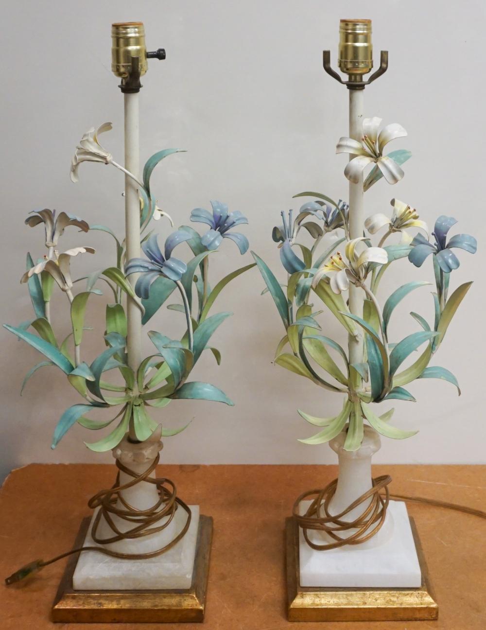 Appraisal: Pair of Italian Enamel Decorated Metal and Alabaster Floral Design